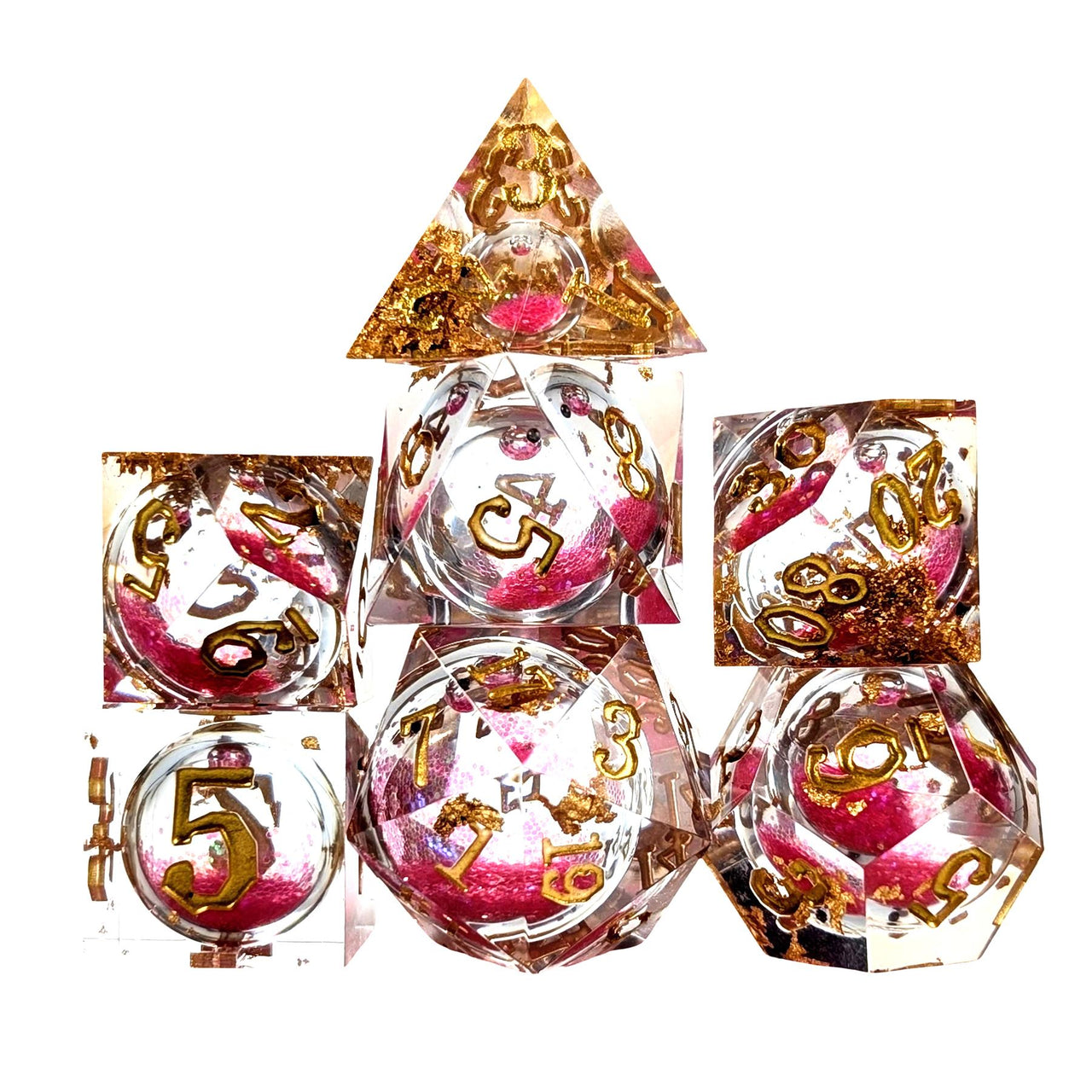 7pcs Dice Sharp Filled Liquid Gold Font Pink Clear