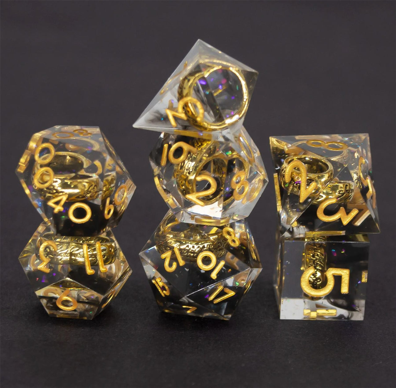 Gold Ring in Black & Clear Filled Sharp Resin - 7pcs RPG Dice Set