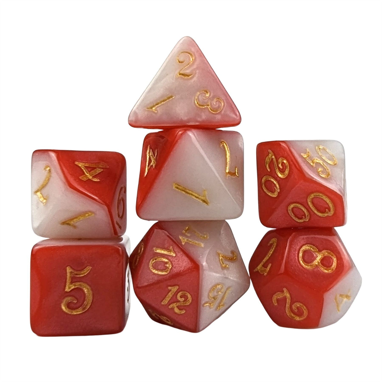 Blend of Red & White Acrylic - 7pcs RPG Full Dice Set White Stack