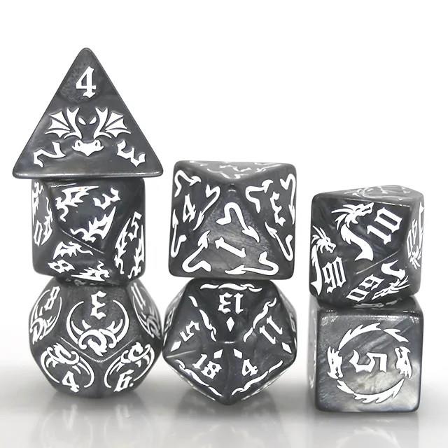 White Dragon on Grey Acrylic - 7pcs RPG Full Dice Set