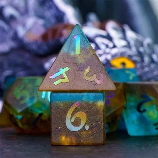 Cracked & Frosted Cyan Brown Glass - 7pcs RPG Dice Set