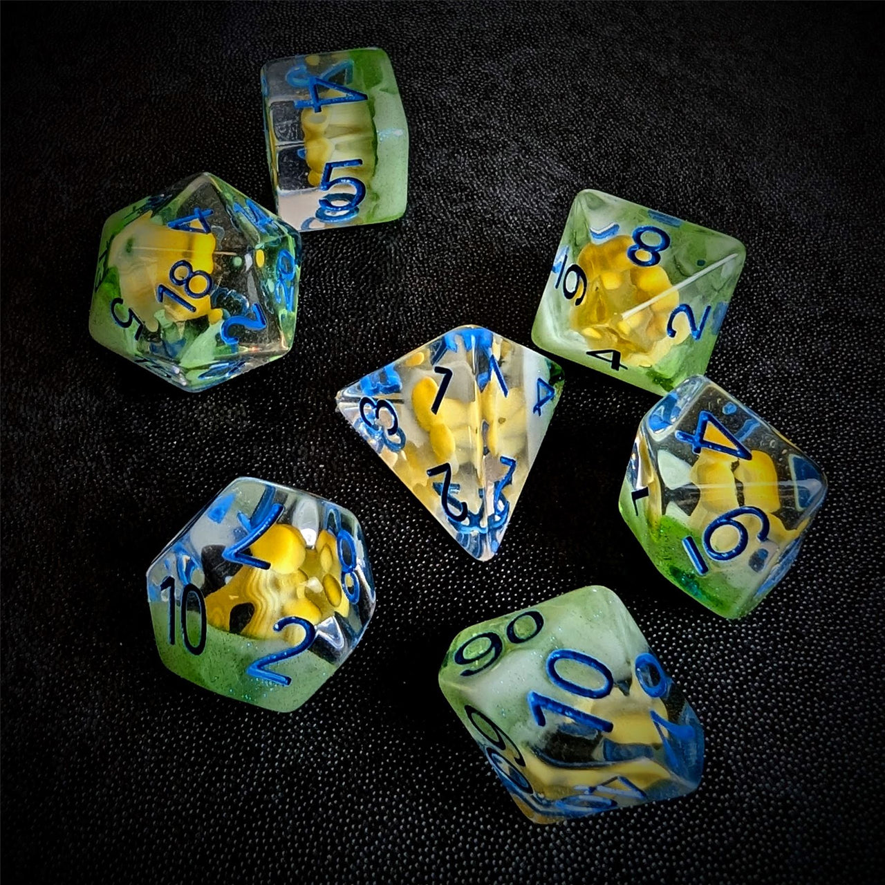 Yellow Mashroom in Clear & Green Resin - 7pcs RPG Full Dice Set