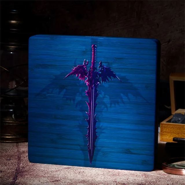 Blue Sword with Wings on Bamboo Wood - Magnetic Dice Storage