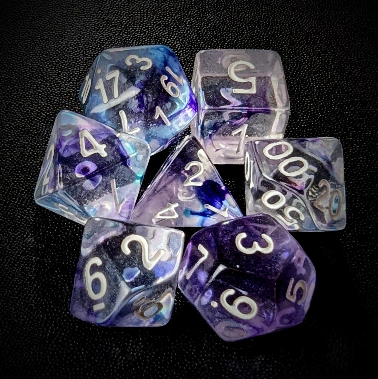 Purple & Blue Swirl in Clear Resin - 7pcs RPG Full Dice Set