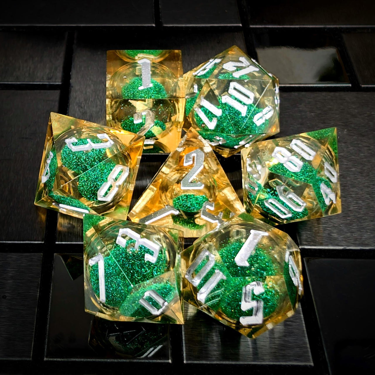 Green Glitter in Yellow & Clear Liquid Filled Sharp Resin - 7pcs RPG Dice Set
