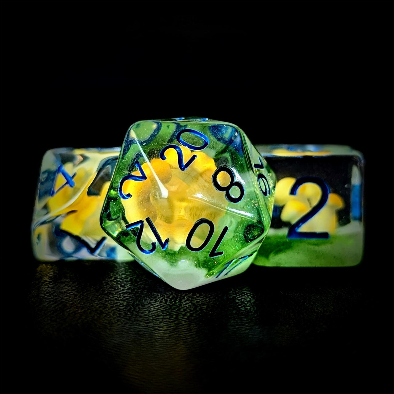 Yellow Mashroom in Clear & Green Resin - 7pcs RPG Full Dice Set