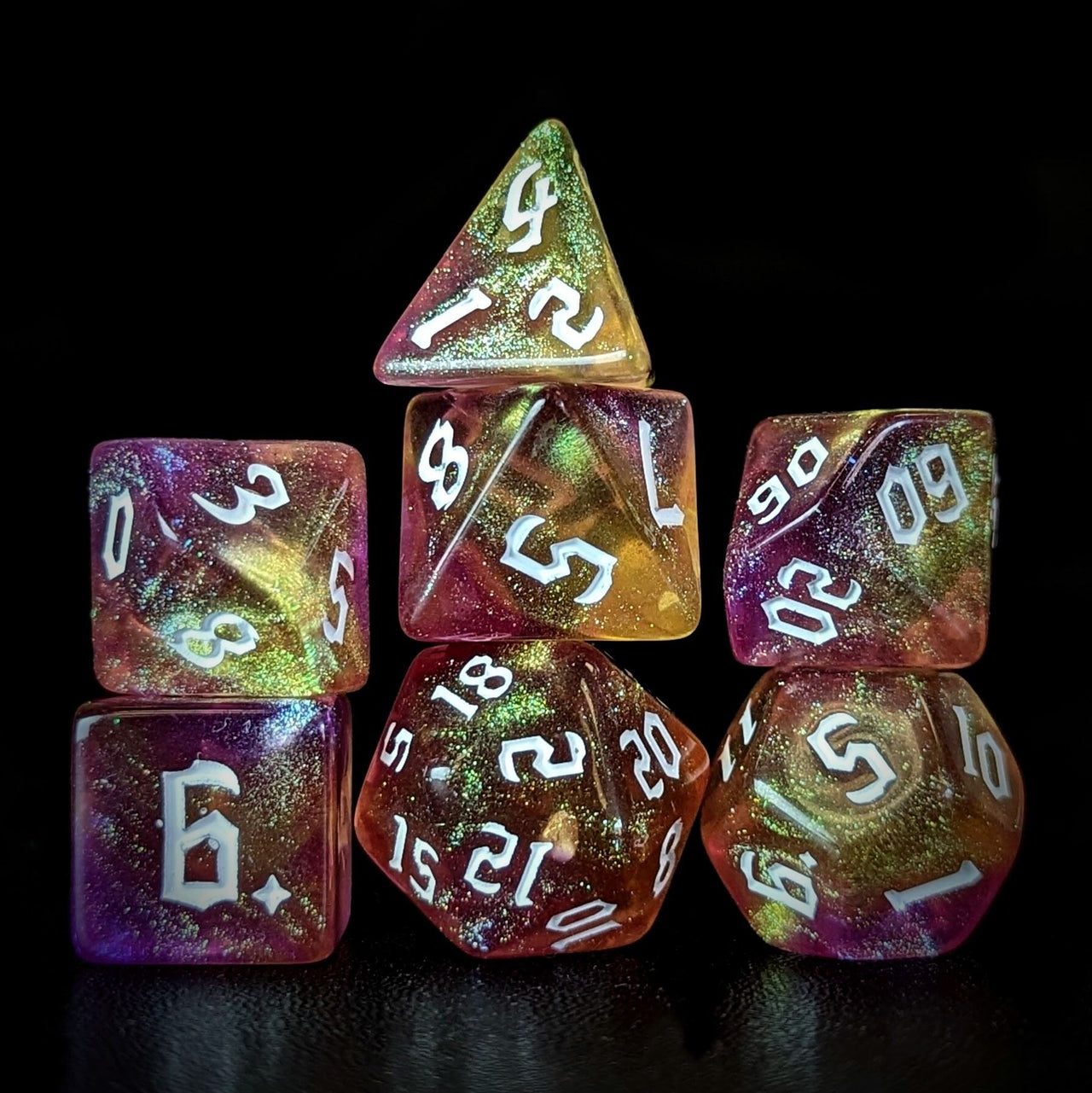 Glitter in Yellow & Pink Acrylic - 7pcs RPG Full Dice Set Dark Stack