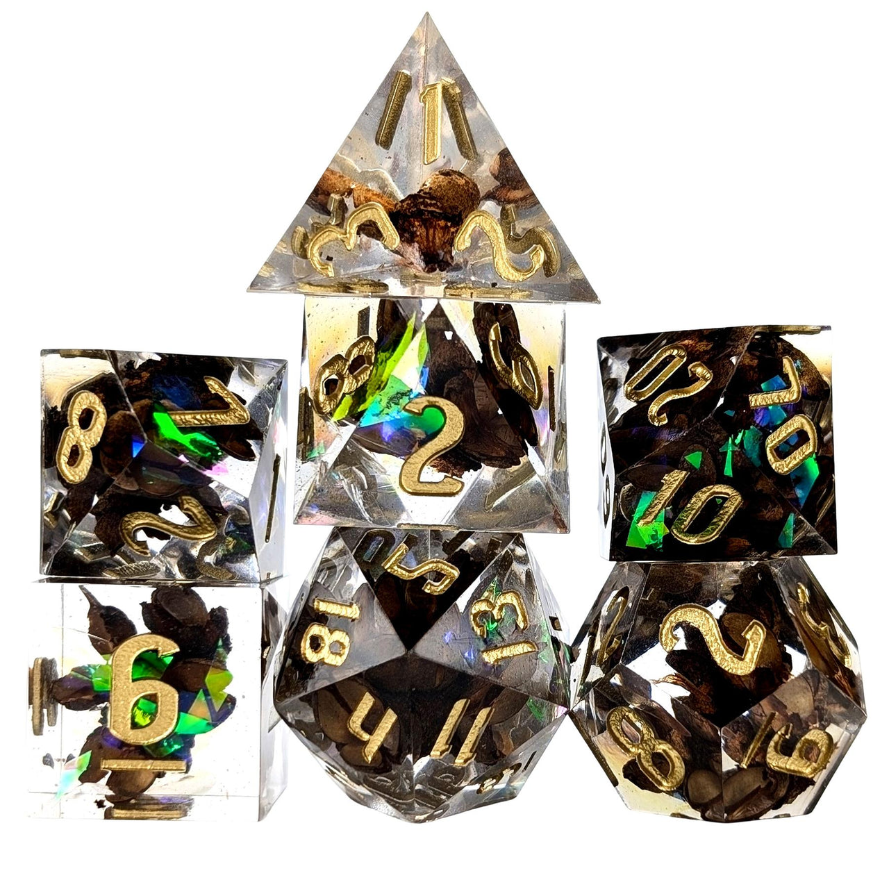 Spice in Clear Filled Sharp Resin - 7pcs RPG Dice Set