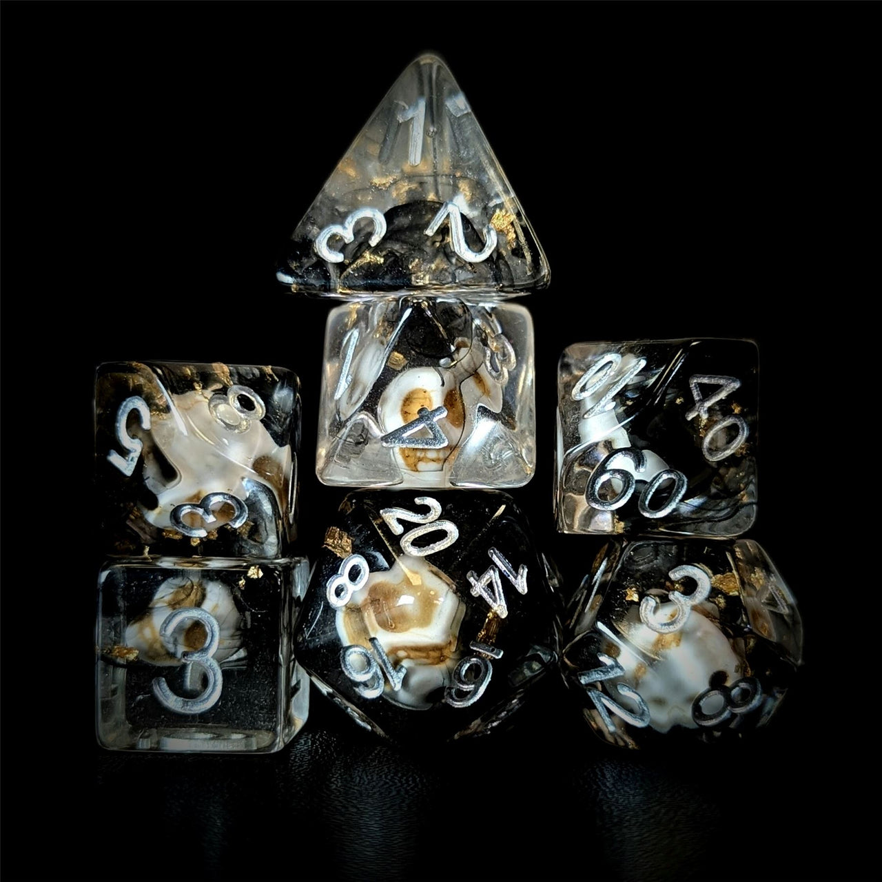 Skull with Gold Foil in Black & Clear Resin - 7pcs RPG Full Dice Set