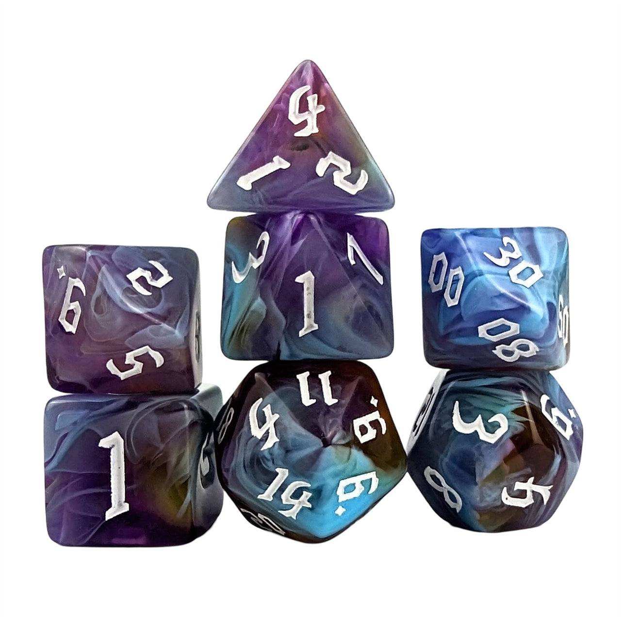 Blend of Sky Blue & Purple Acrylic - 7pcs RPG Full Dice Set White Stack