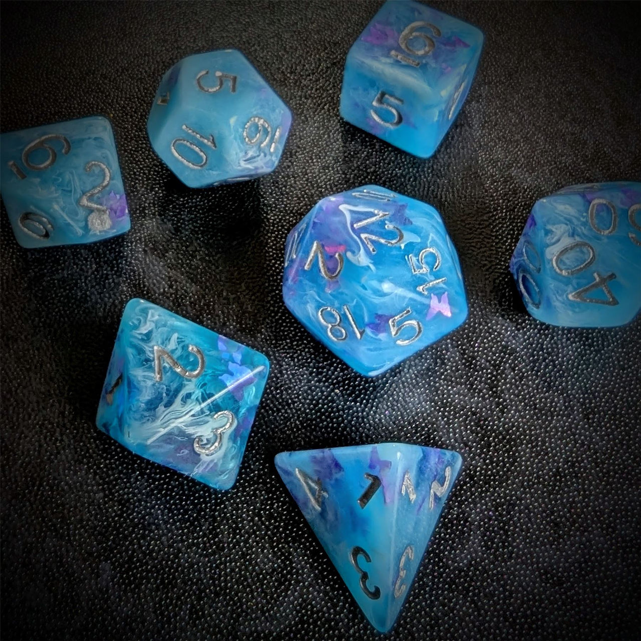 Butterfly in Blue Resin - 7pcs RPG Full Dice Set