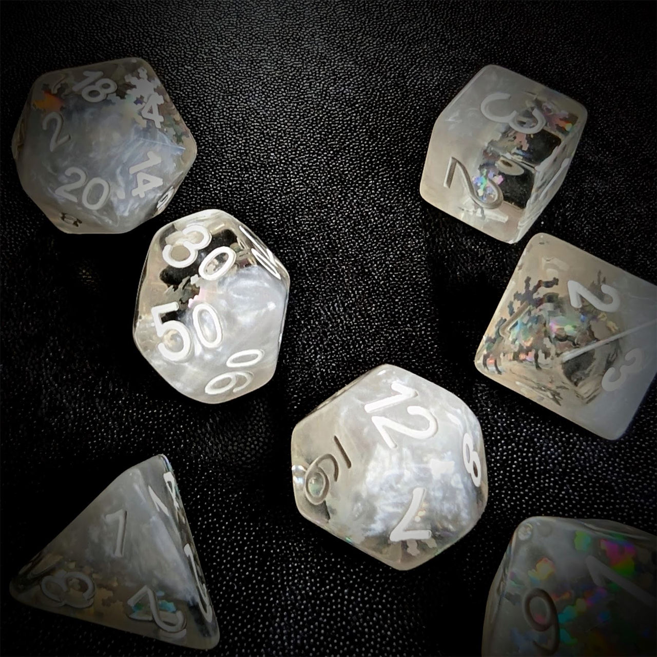 Snowflakes in Clear & White Resin - 7pcs RPG Full Dice Set