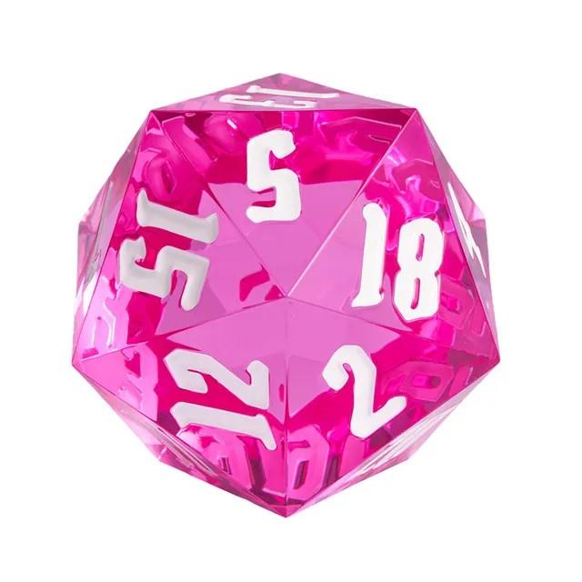 D20 Dice Acrylic 55mm  White Font Clear White Pink