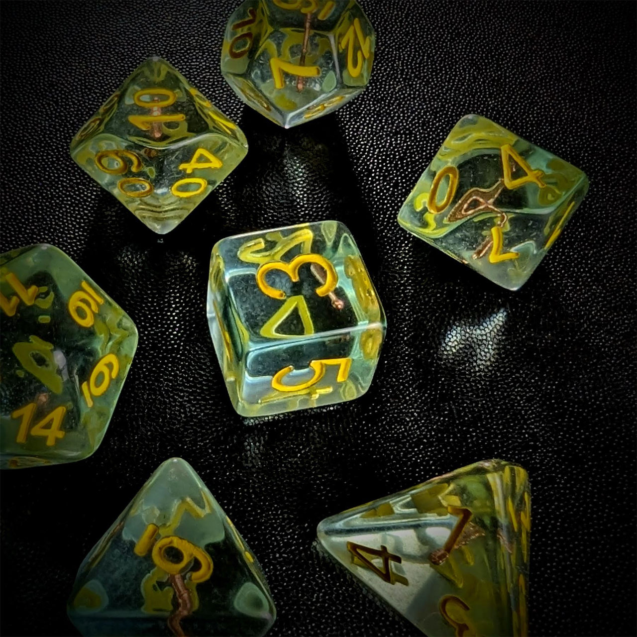 Mace in Clear & Green Resin - 7pcs RPG Full Dice Set