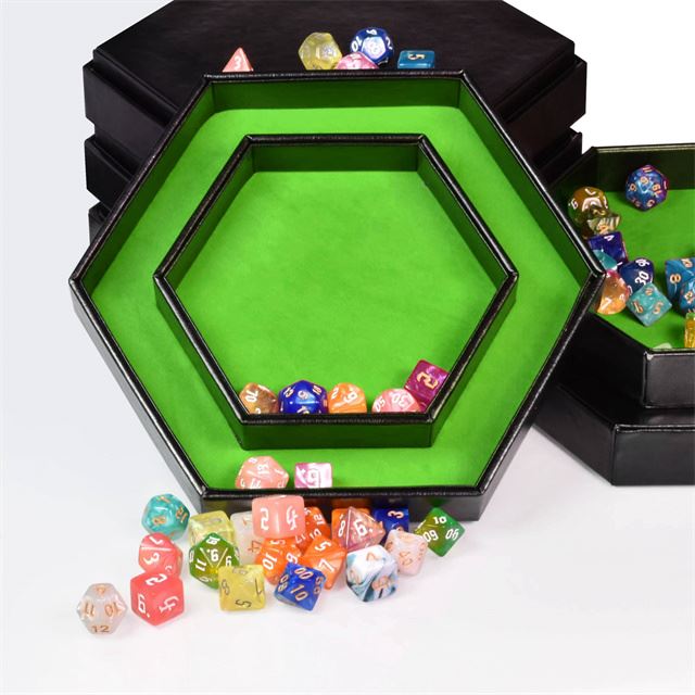 Green Velvet & Black PU Leather - Hexagon Lid Dice Tray