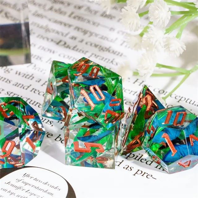 Blue Butterfly in Clear Filled Sharp Resin - 7pcs RPG Dice Set