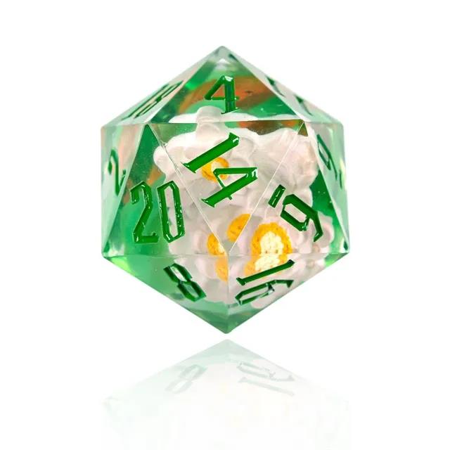 White Flower in Clear & Green Sharp Resin - D20 RPG Dice