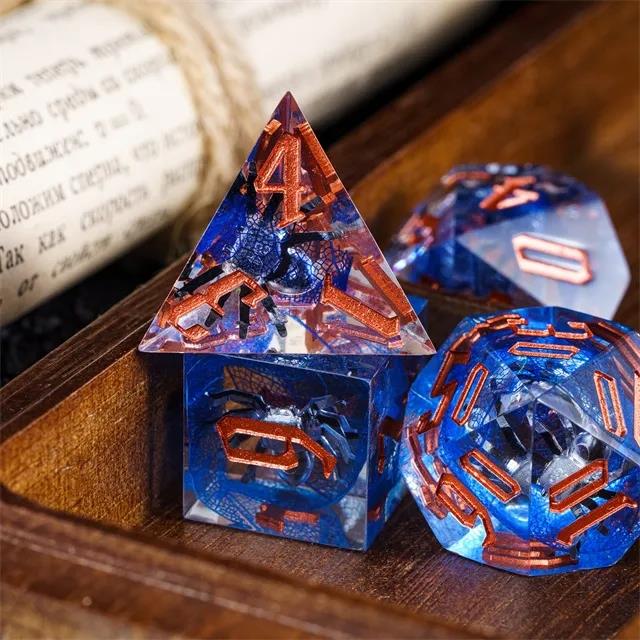 Spider in Clear & Blue Filled Sharp Resin - 7pcs RPG Dice Set