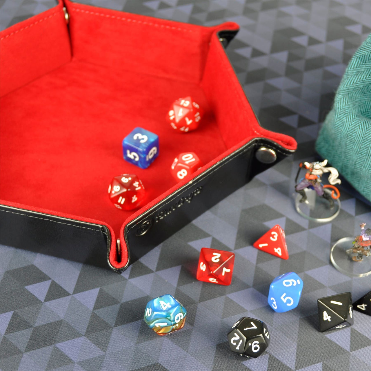 Red Velvet & Black PU Leather - Hexagon Hard Dice Tray