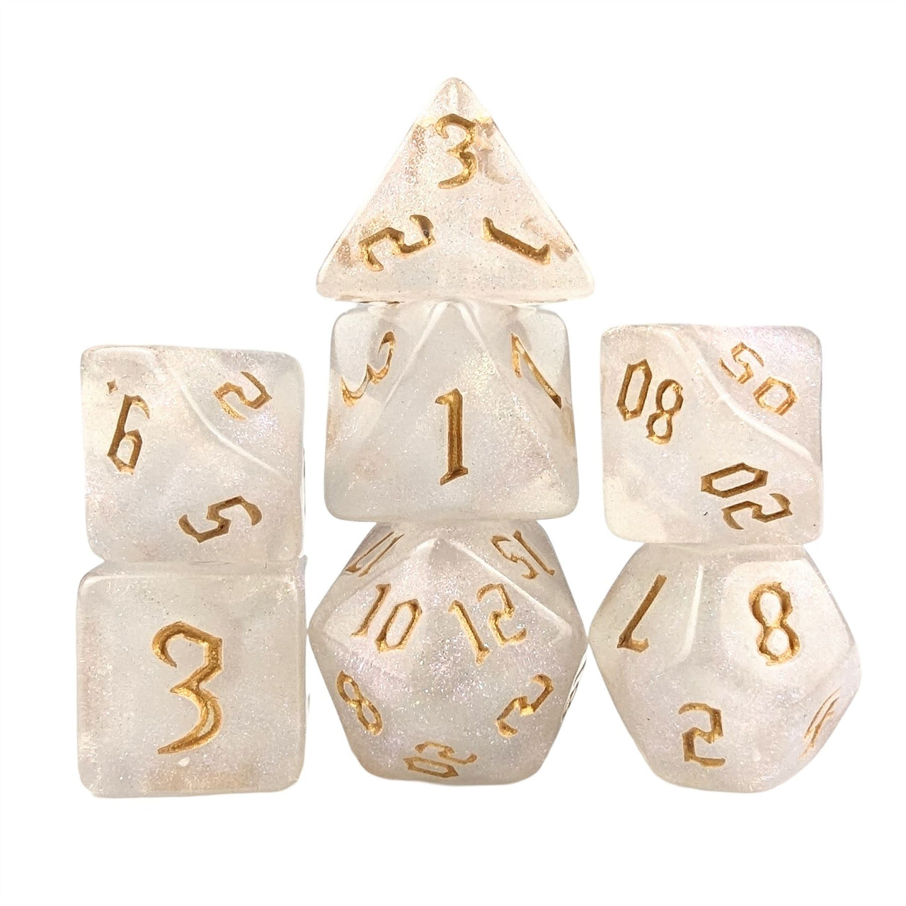 Glitter in White Acrylic with Gold Font - 7pcs RPG Full Dice Set White Stack