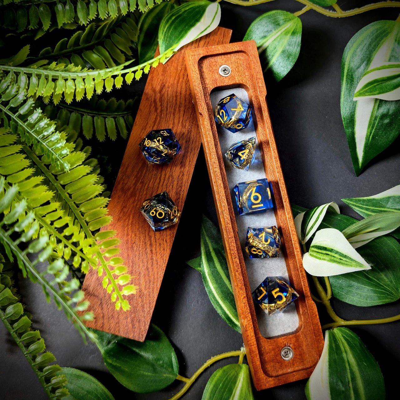 Gold Ring in Blue & Clear Filled Sharp Resin - 7pcs RPG Dice Set