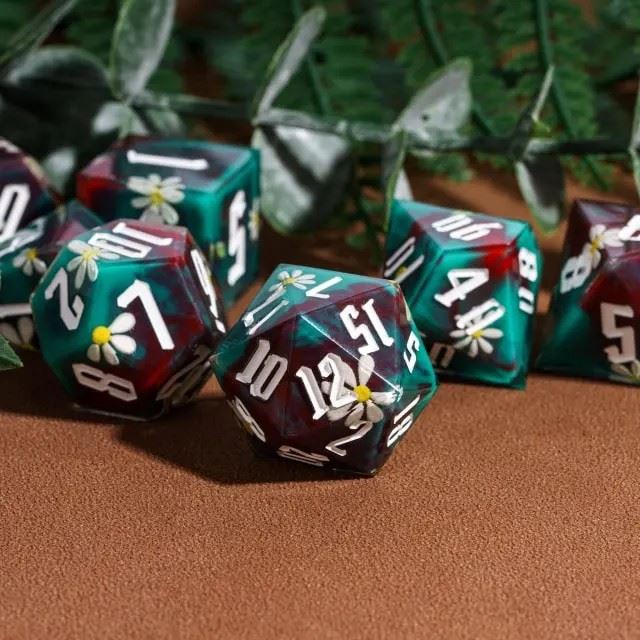 White Flower in Red & Green Filled Sharp Resin - 7pcs RPG Dice Set