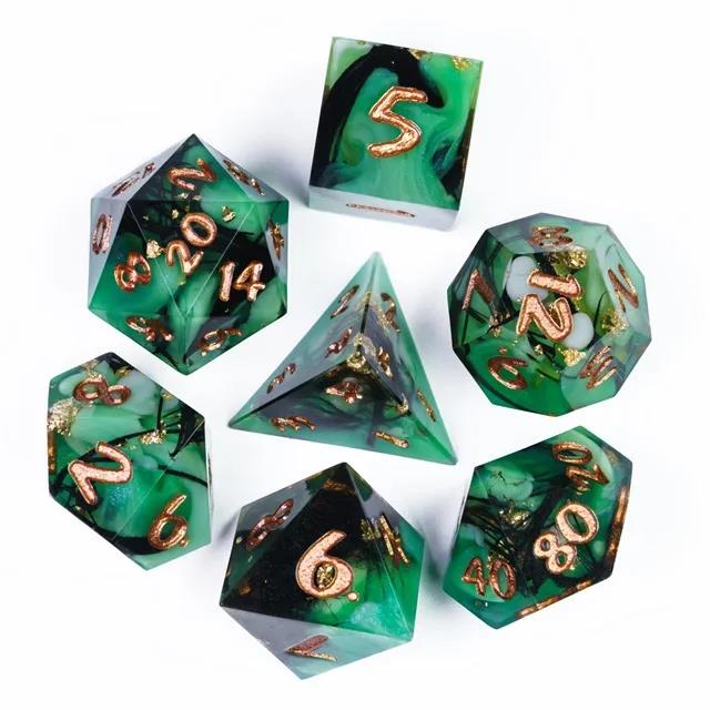 Swirl & Foil in Black & Green Sharp Resin - 7pcs RPG Dice Set