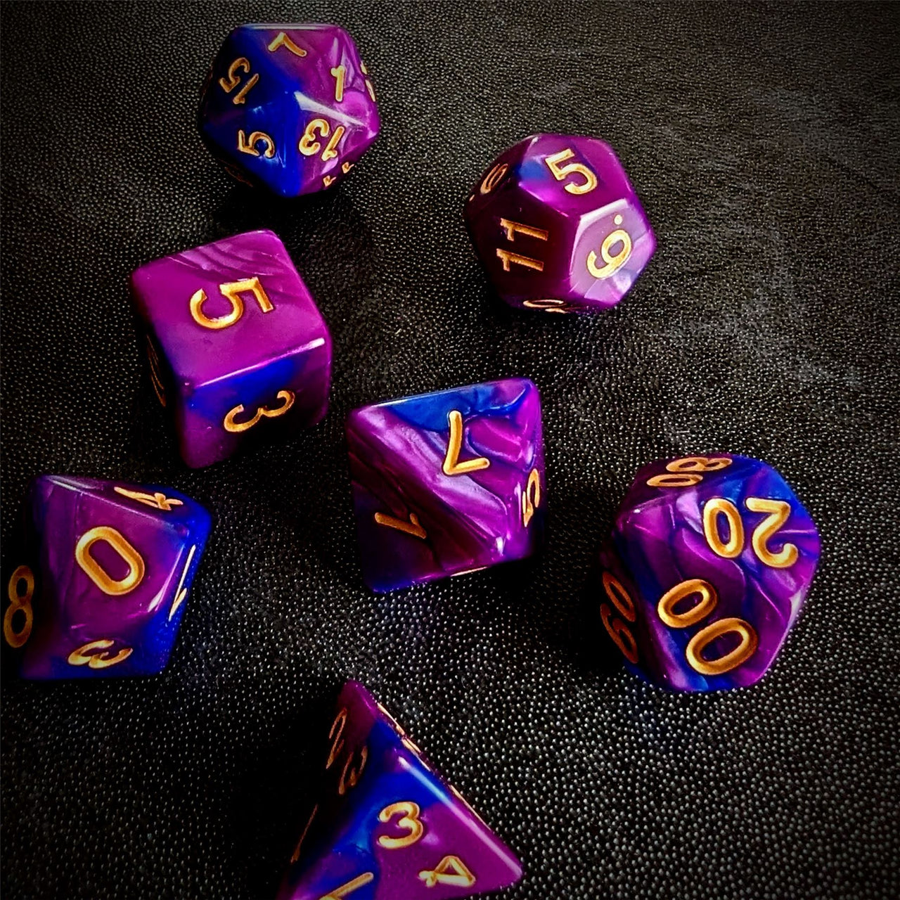 Blend of Purple & Blue Acrylic - 7pcs RPG Full Dice Set Scatter