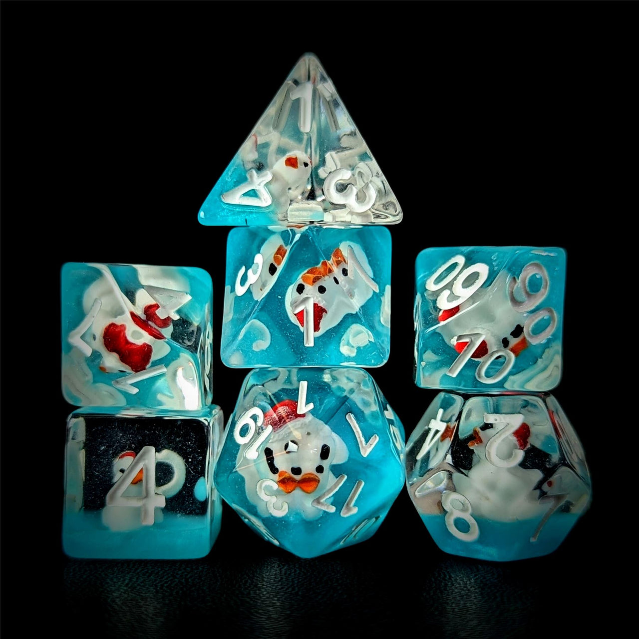 White Duck in Clear & Blue Resin - 7pcs RPG Full Dice Set