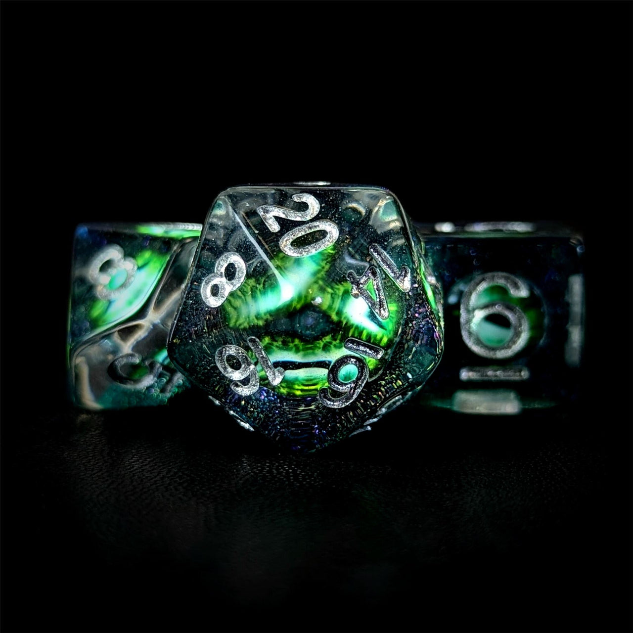 Demon Eye in Clear Green & Teal Resin - 7pcs RPG Full Dice Set