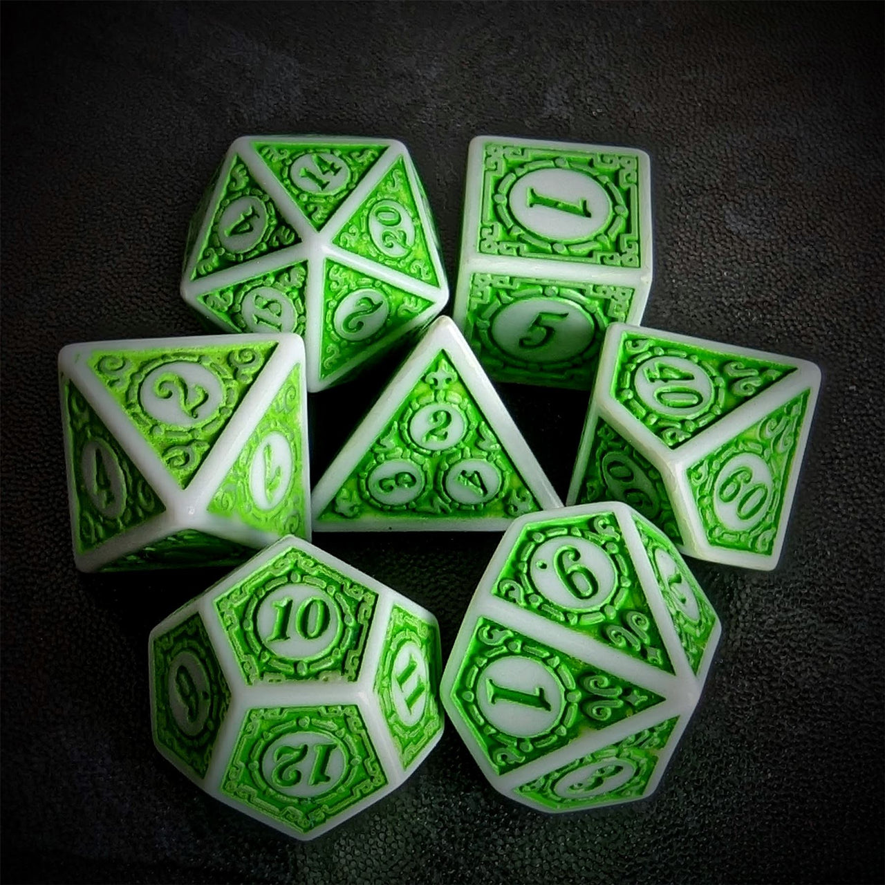 Green Lattice on White Acrylic - 7pcs RPG Full Dice Set Top