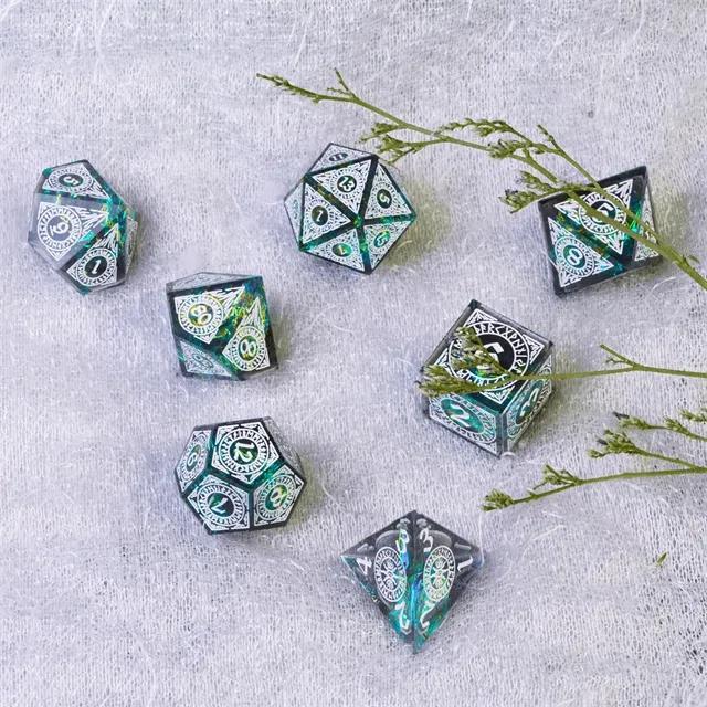 White Pattern on Grey with Candy Sharp Resin - 7pcs RPG Dice Set