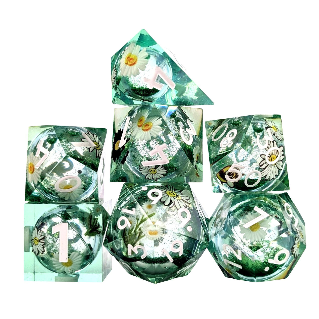 7pcs Dice Sharp Filled Liquid Daisy White Font Green Clear