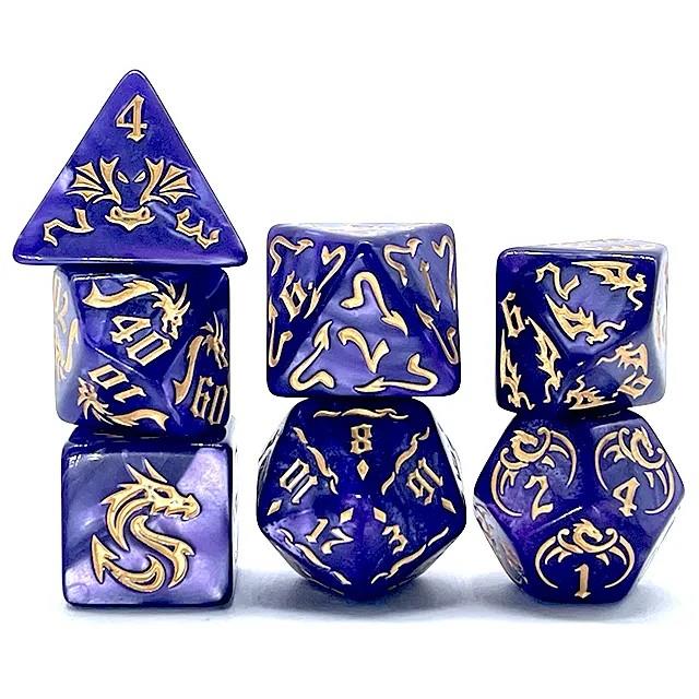 Gold Dragon on Purple Acrylic - 7pcs RPG Full Dice Set