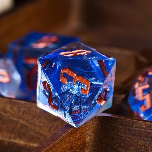 Spider in Clear & Blue Filled Sharp Resin - 7pcs RPG Dice Set