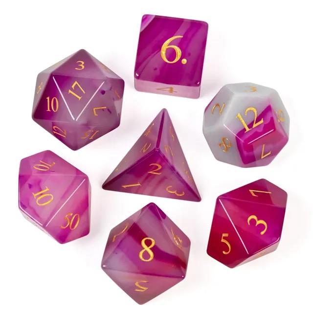 7pcs Dice Gem Stone Agate Gold Font White Pink