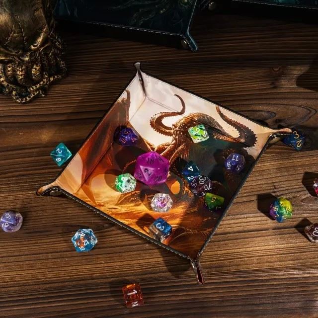 Cthulu on Brown PU Leather - Square Hard Dice Tray