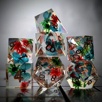 Thumbnail for Red, Blue & Green Flowers in Clear Filled Sharp Resin - 7pcs RPG Dice Set