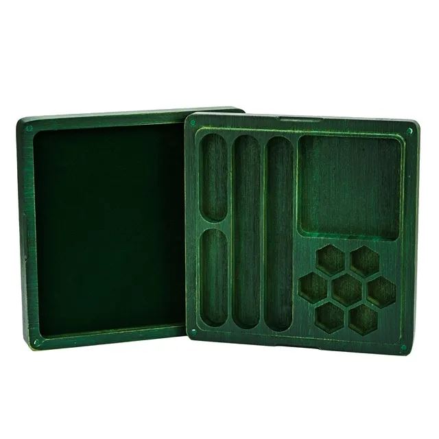 Green Skull on Bamboo Wood - Magnetic Dice Storage