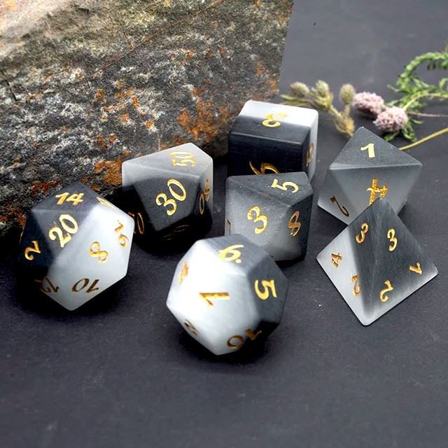 Frosted Grey Cat Eye Gemstone - 7pcs RPG Dice Set