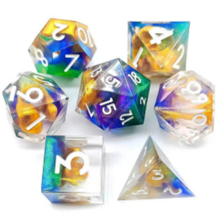 7pcs Dice Sharp Swirl White Font Gold Green Blue Clear