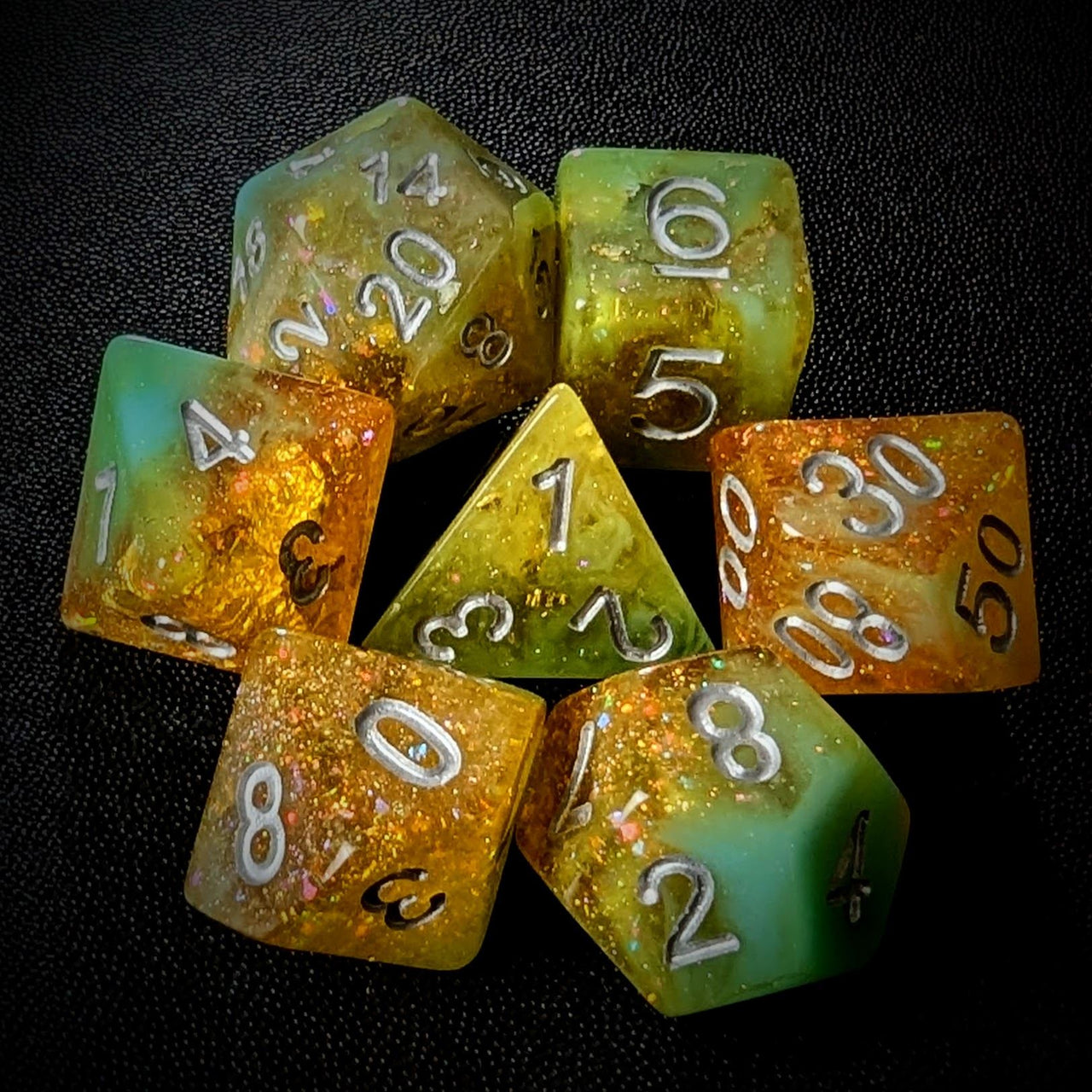 Glitter in Orange & Cyan Resin - 7pcs RPG Full Dice Set