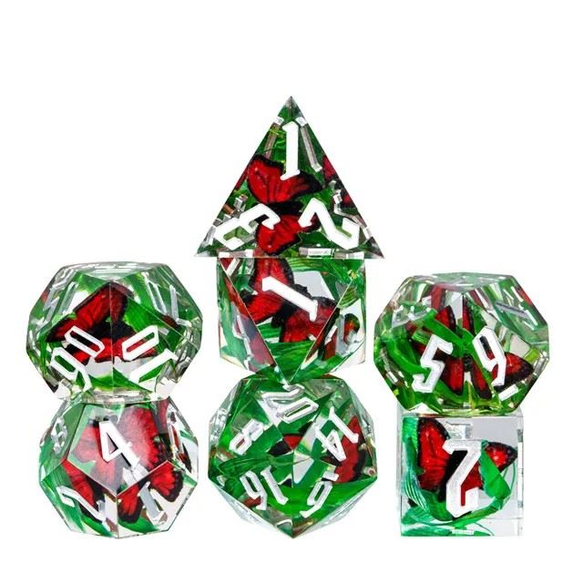 Red Butterfly in Clear Filled Sharp Resin - 7pcs RPG Dice Set