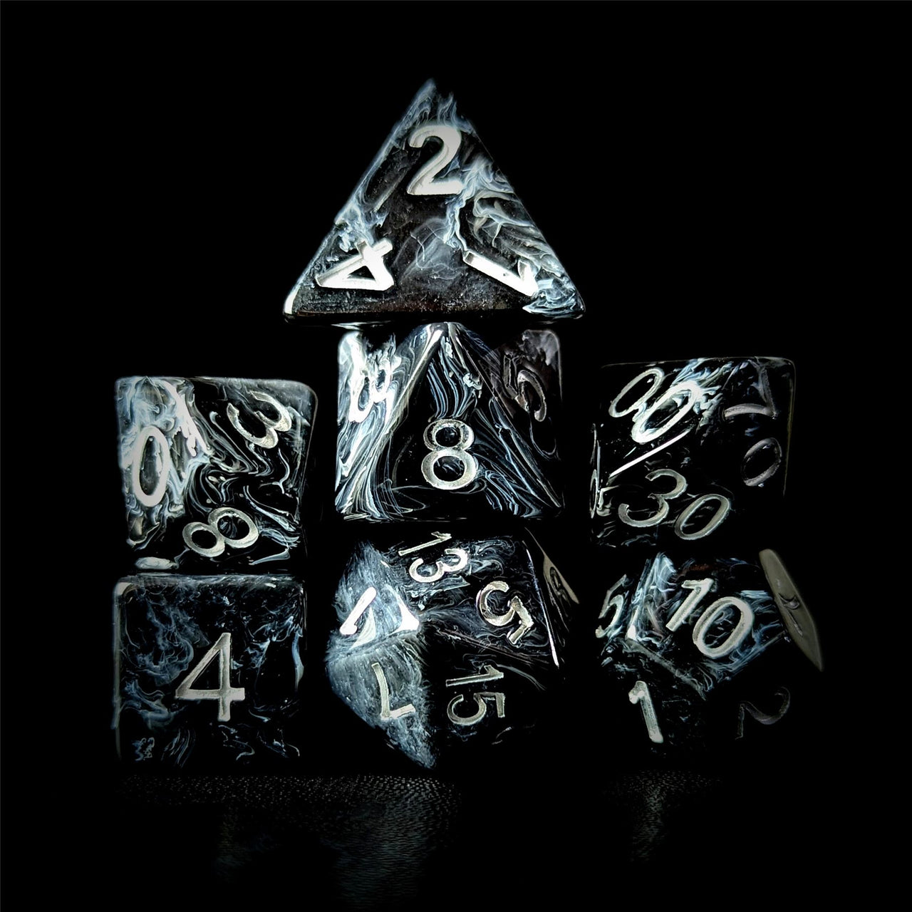 White Swirl in Black Resin - 7pcs RPG Full Dice Set