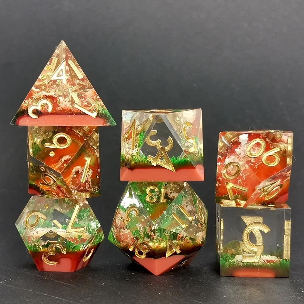 Layered Orange & Red Sharp Resin - 7pcs RPG Dice Set