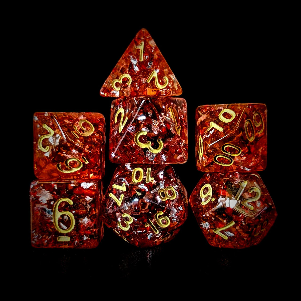 Silver Foil in Clear & Red Resin - 7pcs RPG Full Dice Set