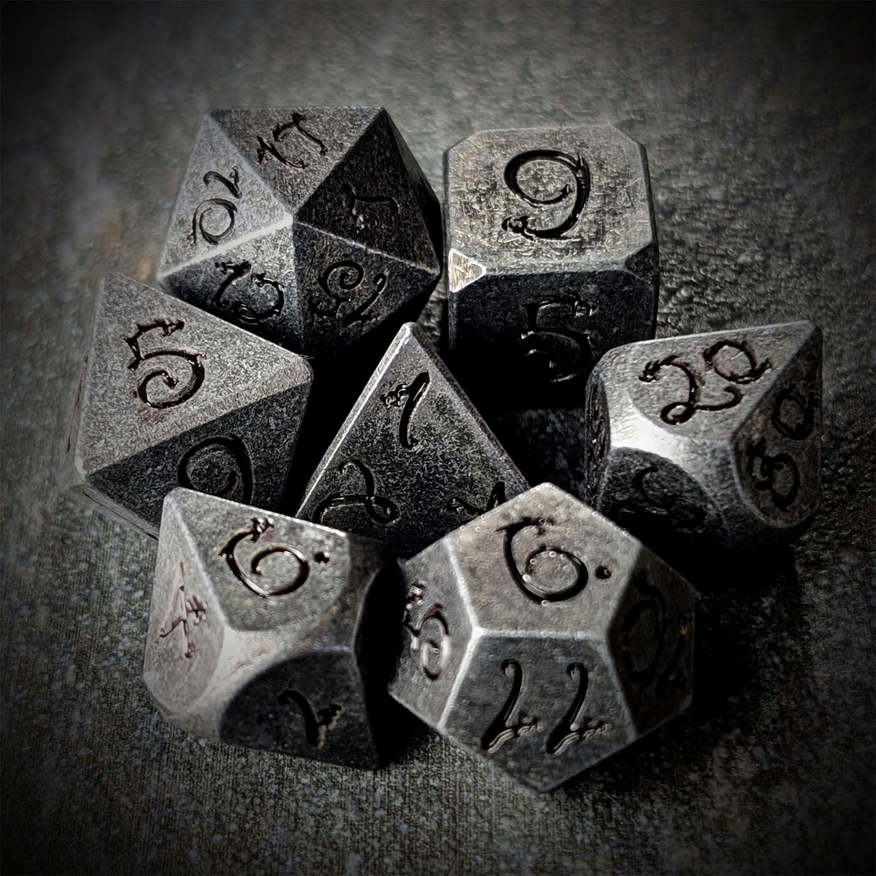 Silver Metal with Black Dragon Font - 7pcs RPG Dice Set