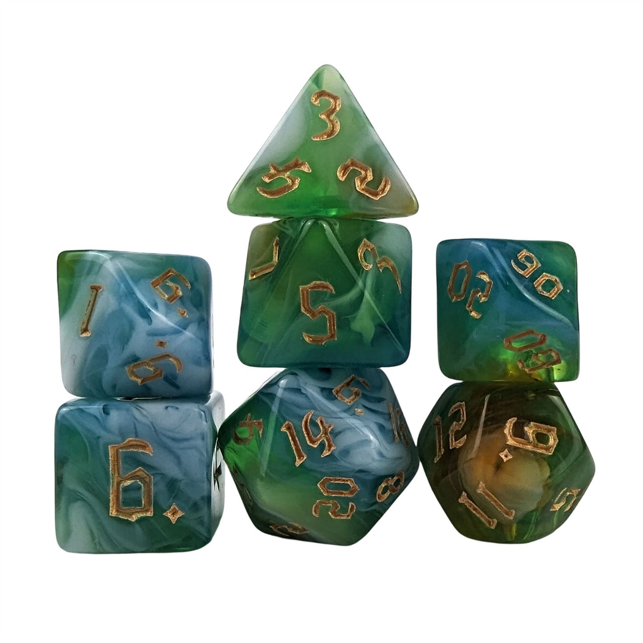 Blend of Green & Sky Blue Acrylic - 7pcs RPG Full Dice Set White Stack