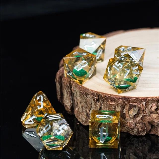 Green Glitter in Yellow & Clear Liquid Filled Sharp Resin - 7pcs RPG Dice Set