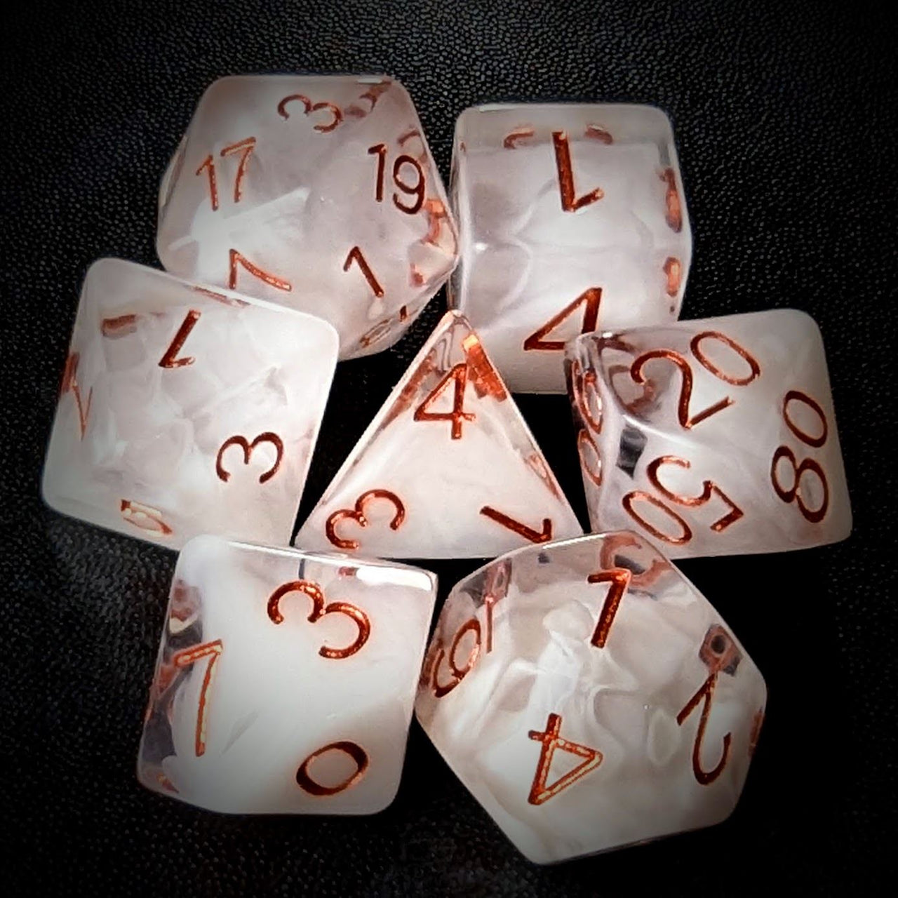 White Swirl in Clear Resin - 7pcs RPG Full Dice Set